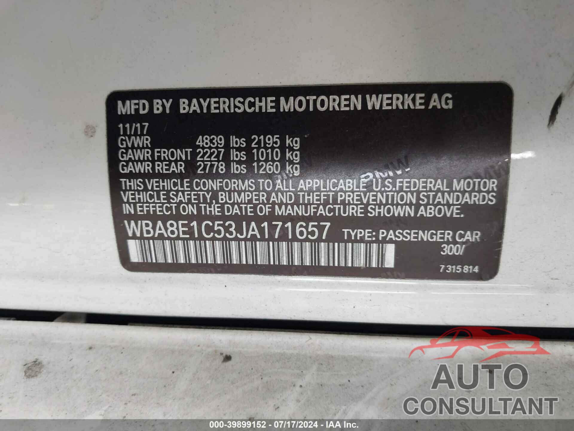 BMW 330E 2018 - WBA8E1C53JA171657