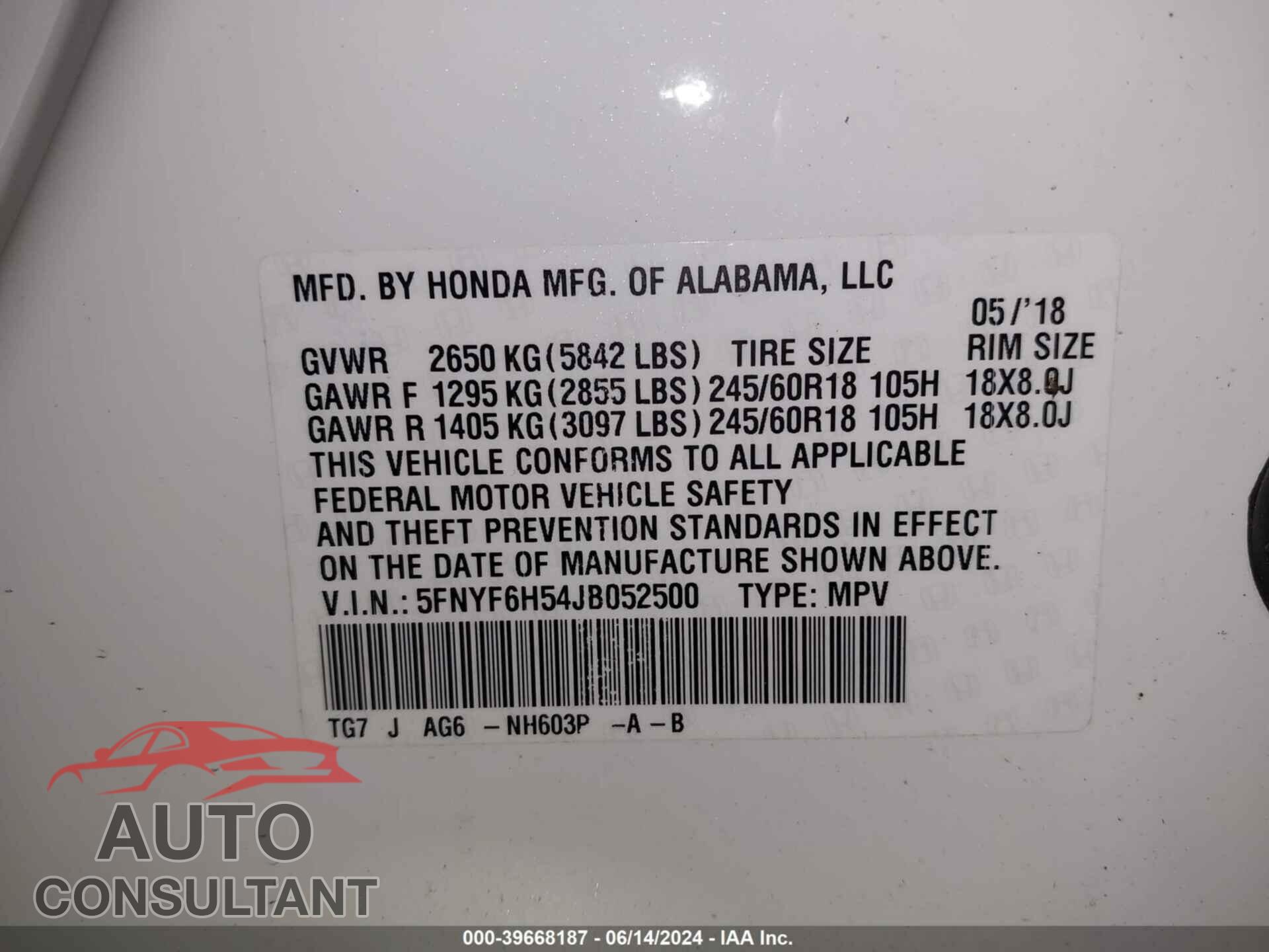 HONDA PILOT 2018 - 5FNYF6H54JB052500