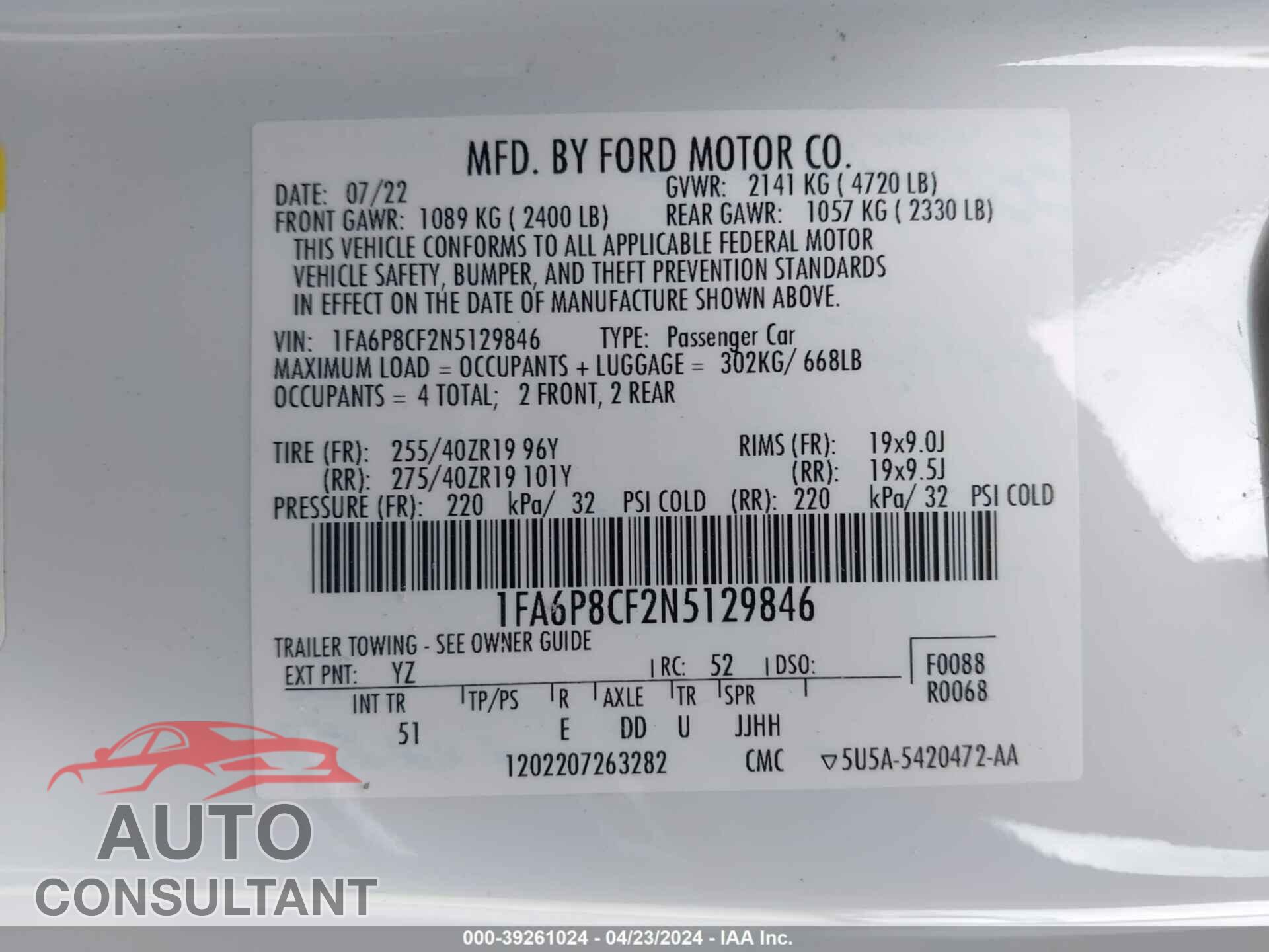 FORD MUSTANG 2022 - 1FA6P8CF2N5129846