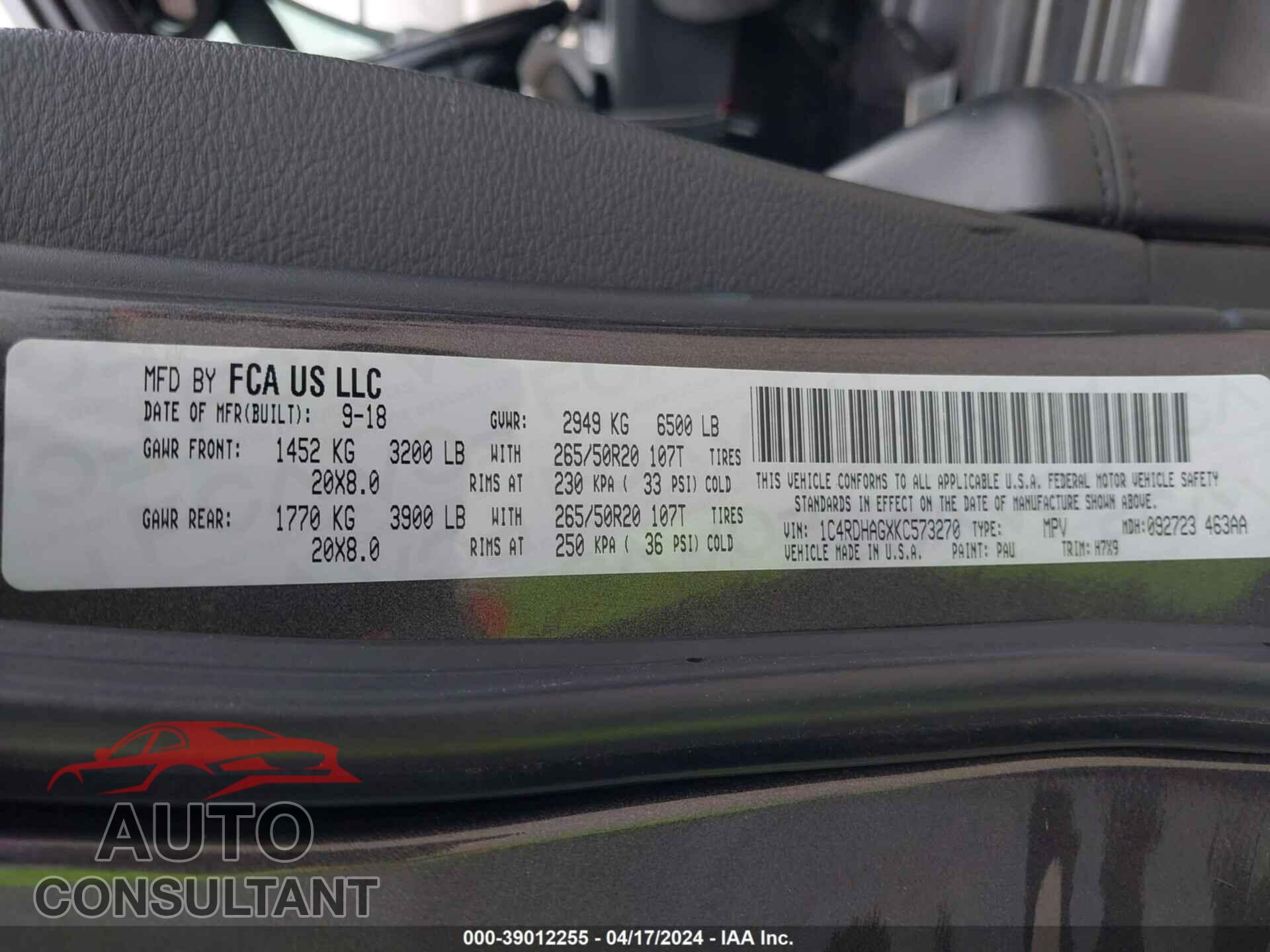 DODGE DURANGO 2019 - 1C4RDHAGXKC573270