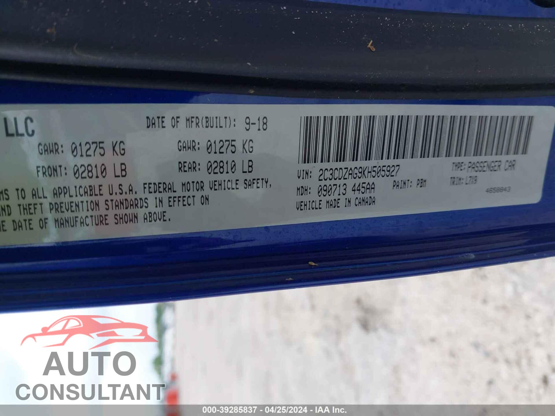 DODGE CHALLENGER 2019 - 2C3CDZAG9KH505927