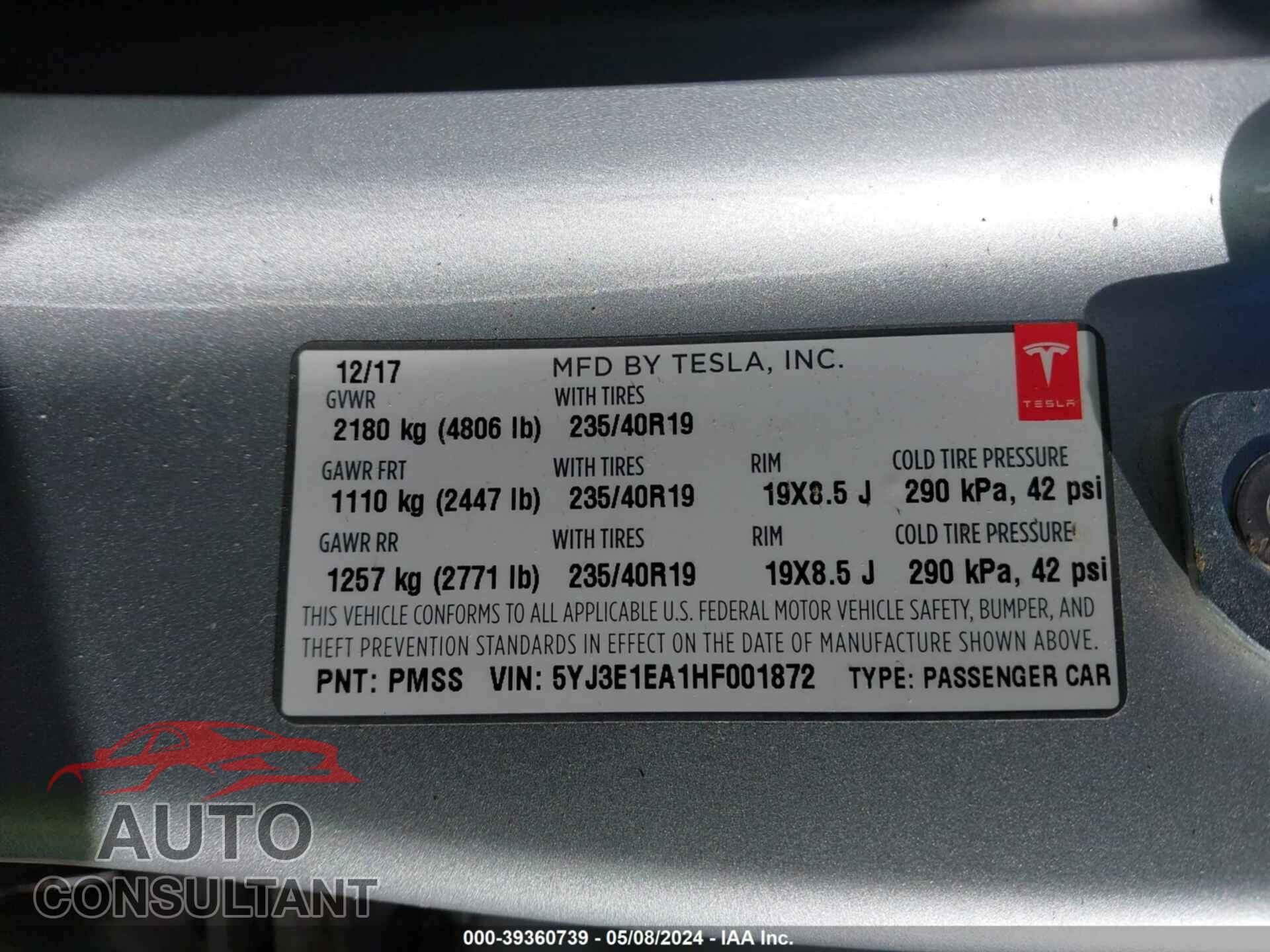 TESLA MODEL 3 2017 - 5YJ3E1EA1HF001872