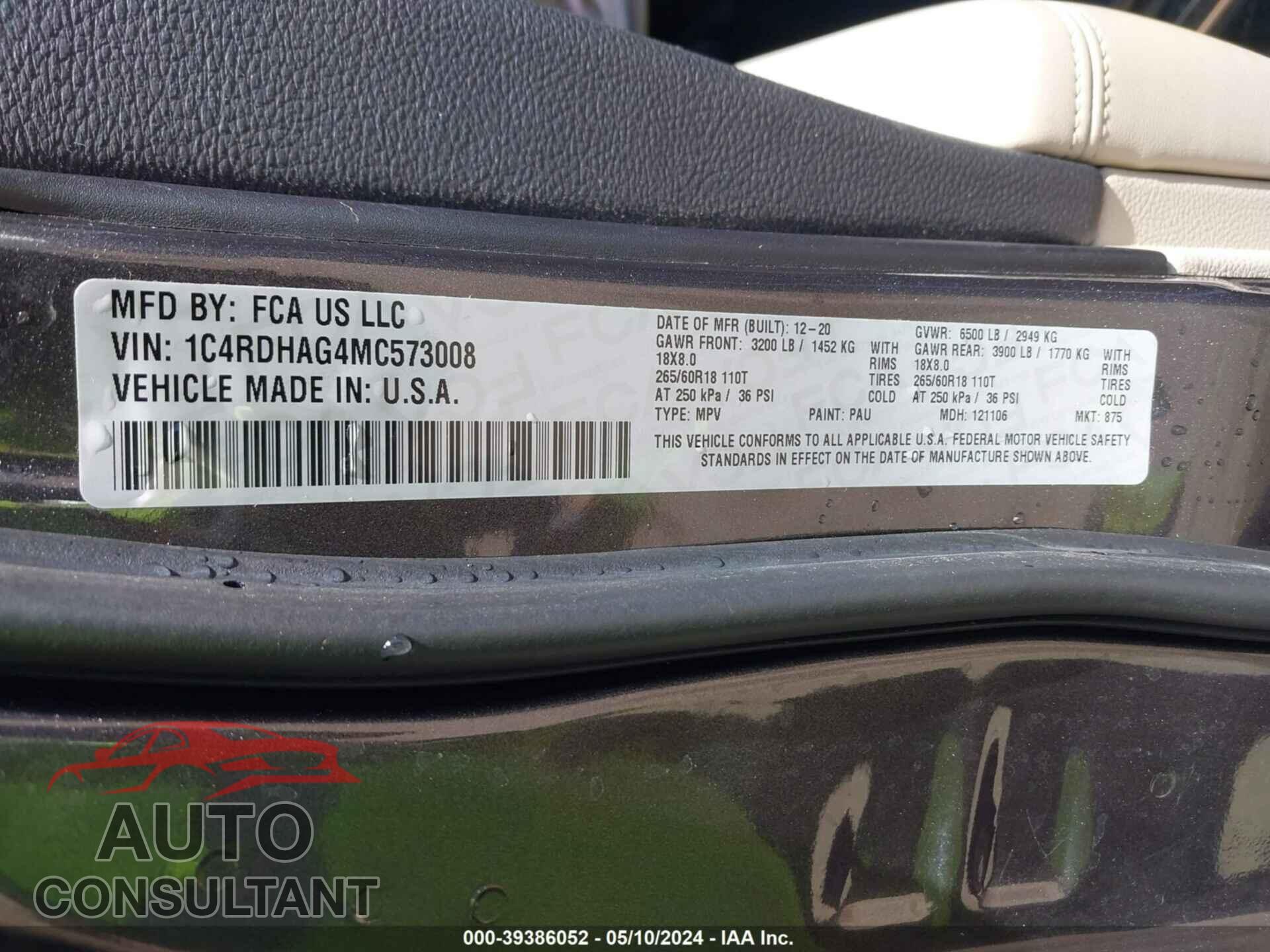 DODGE DURANGO 2021 - 1C4RDHAG4MC573008