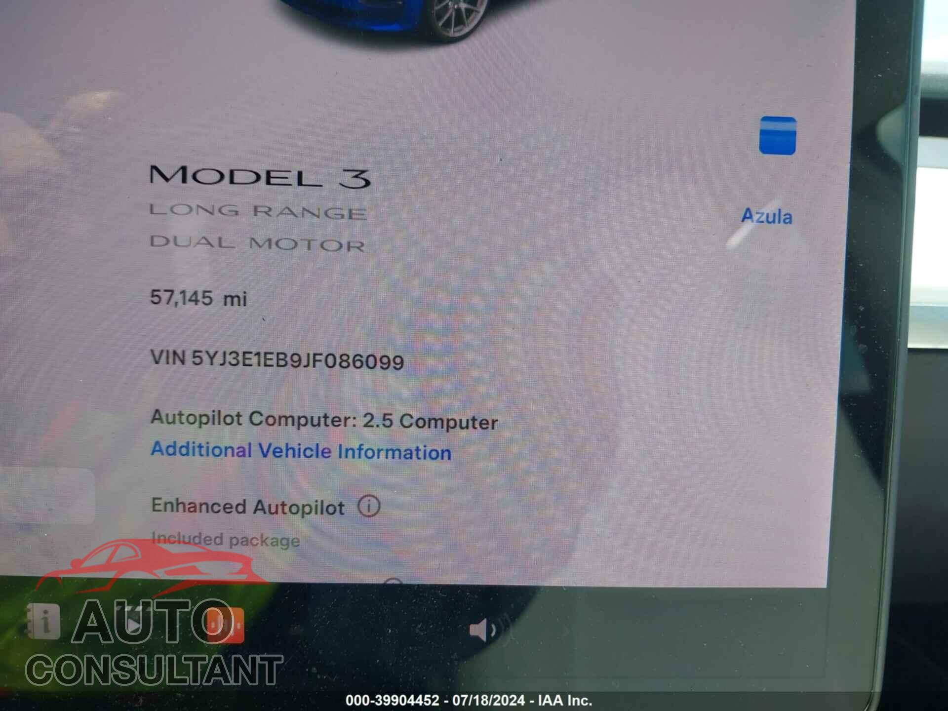 TESLA MODEL 3 2018 - 5YJ3E1EB9JF086099