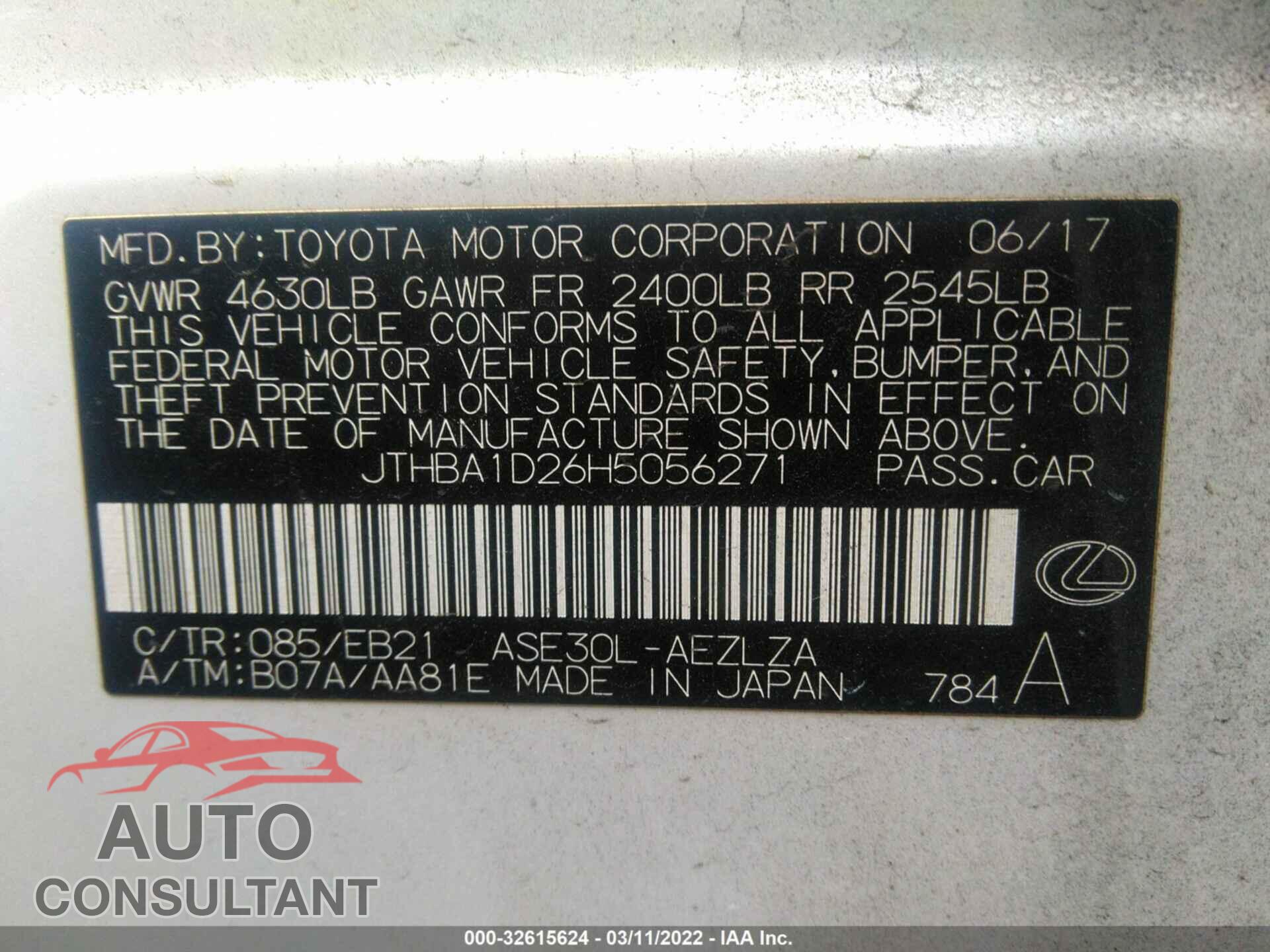 LEXUS IS 2017 - JTHBA1D26H5056271