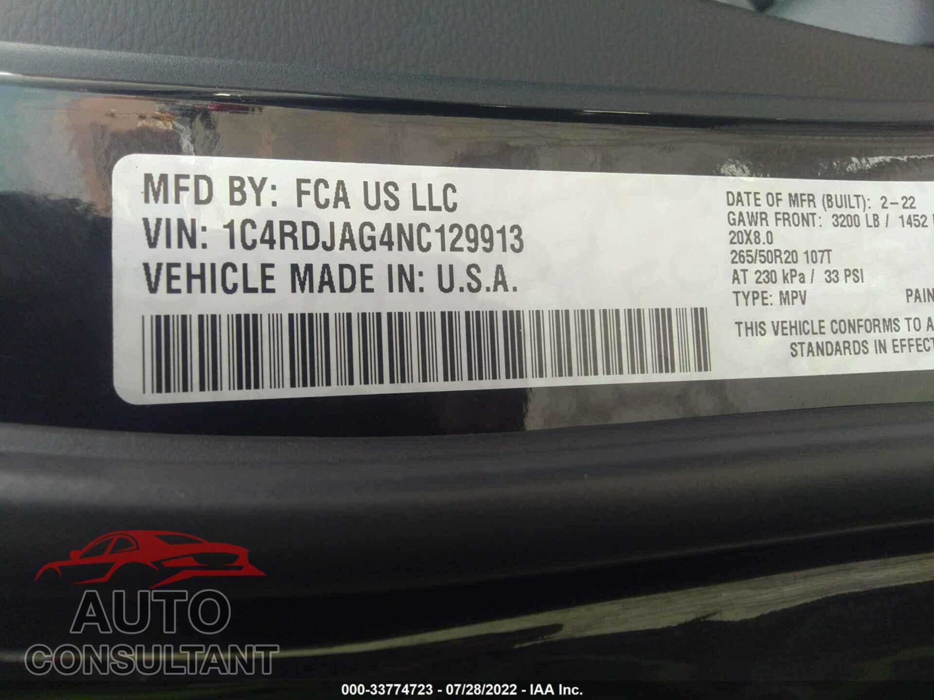 DODGE DURANGO 2022 - 1C4RDJAG4NC129913