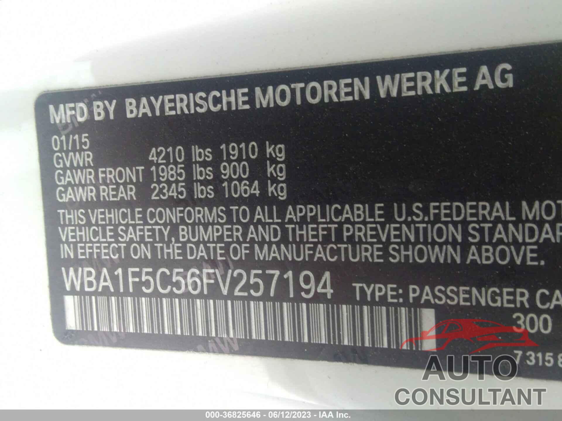 BMW 2 SERIES 2015 - WBA1F5C56FV257194