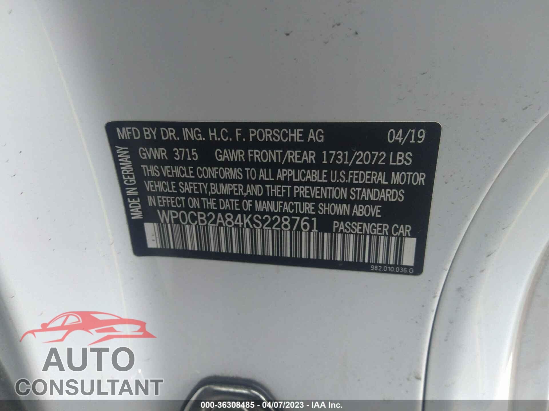 PORSCHE 718 BOXSTER 2019 - WP0CB2A84KS228761