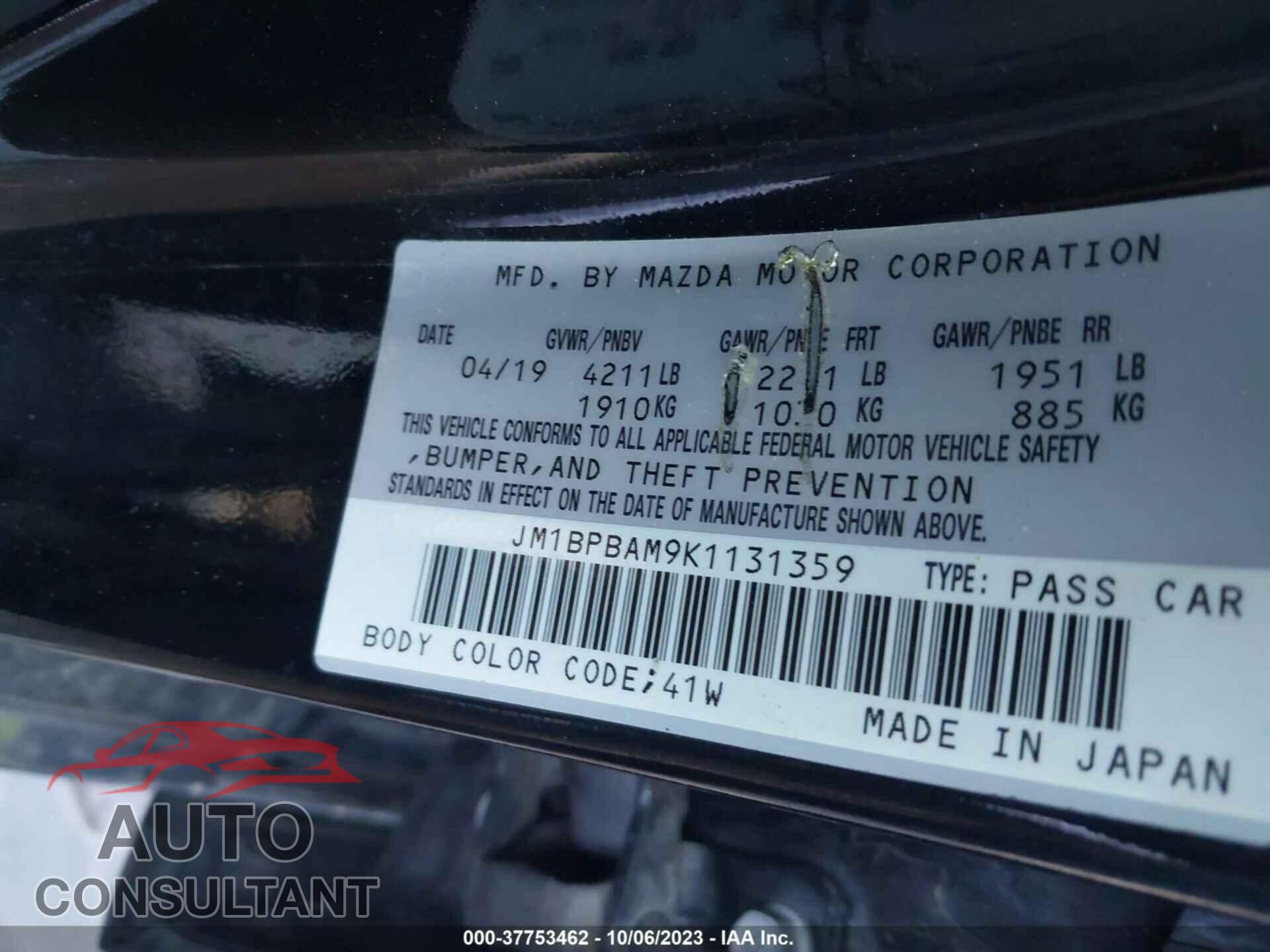 MAZDA MAZDA3 2019 - JM1BPBAM9K1131359
