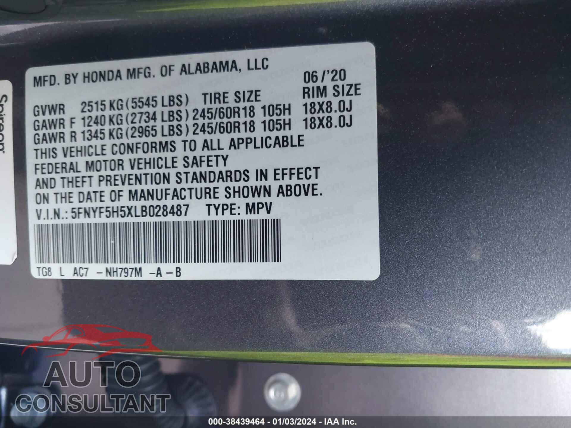 HONDA PILOT 2020 - 5FNYF5H5XLB028487