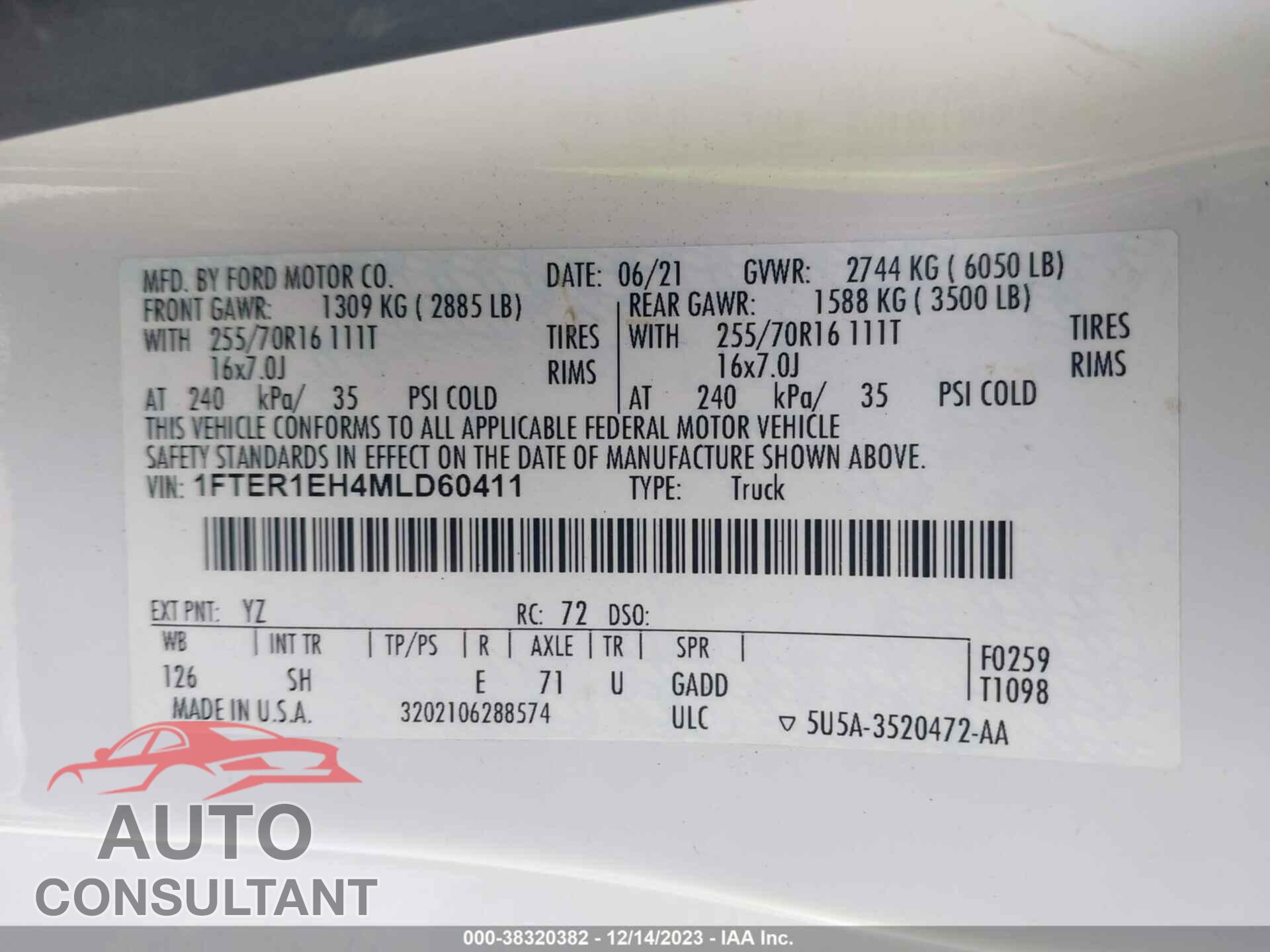FORD RANGER 2021 - 1FTER1EH4MLD60411