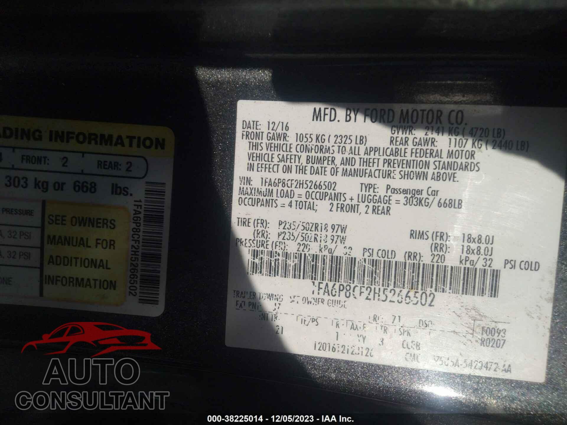 FORD MUSTANG 2017 - 1FA6P8CF2H5266502