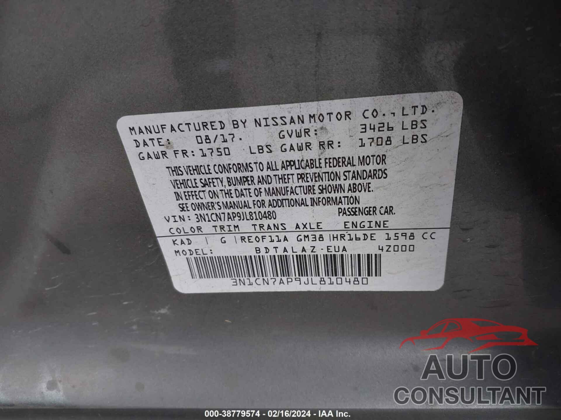 NISSAN VERSA 2018 - 3N1CN7AP9JL810480