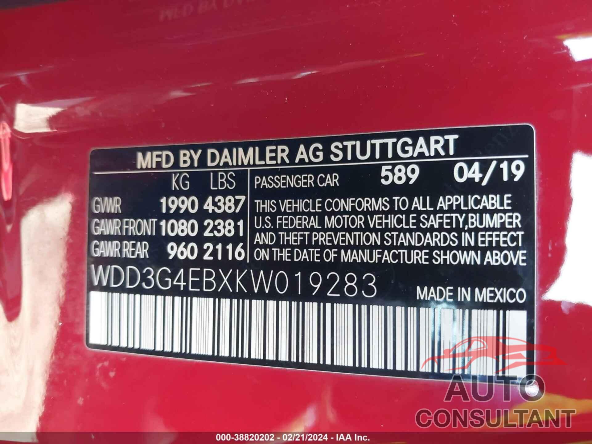 MERCEDES-BENZ A 220 2019 - WDD3G4EBXKW019283