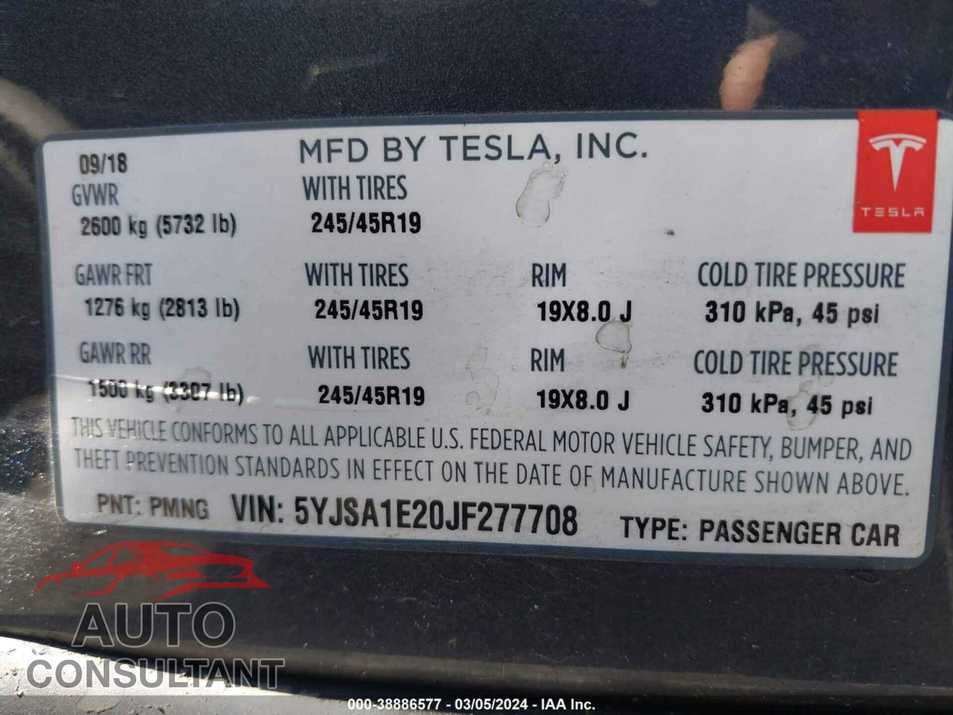 TESLA MODEL S 2018 - 5YJSA1E20JF277708