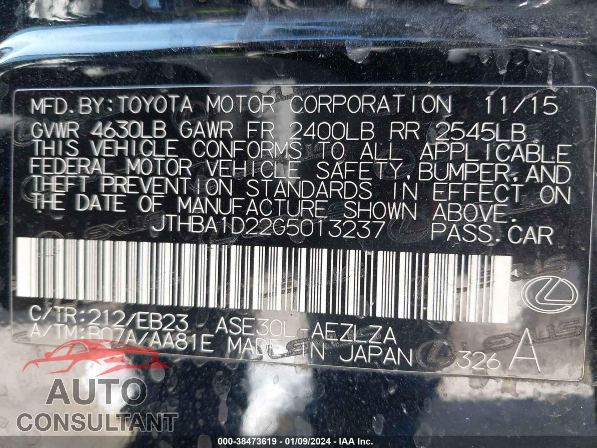 LEXUS IS 2016 - JTHBA1D22G5013237