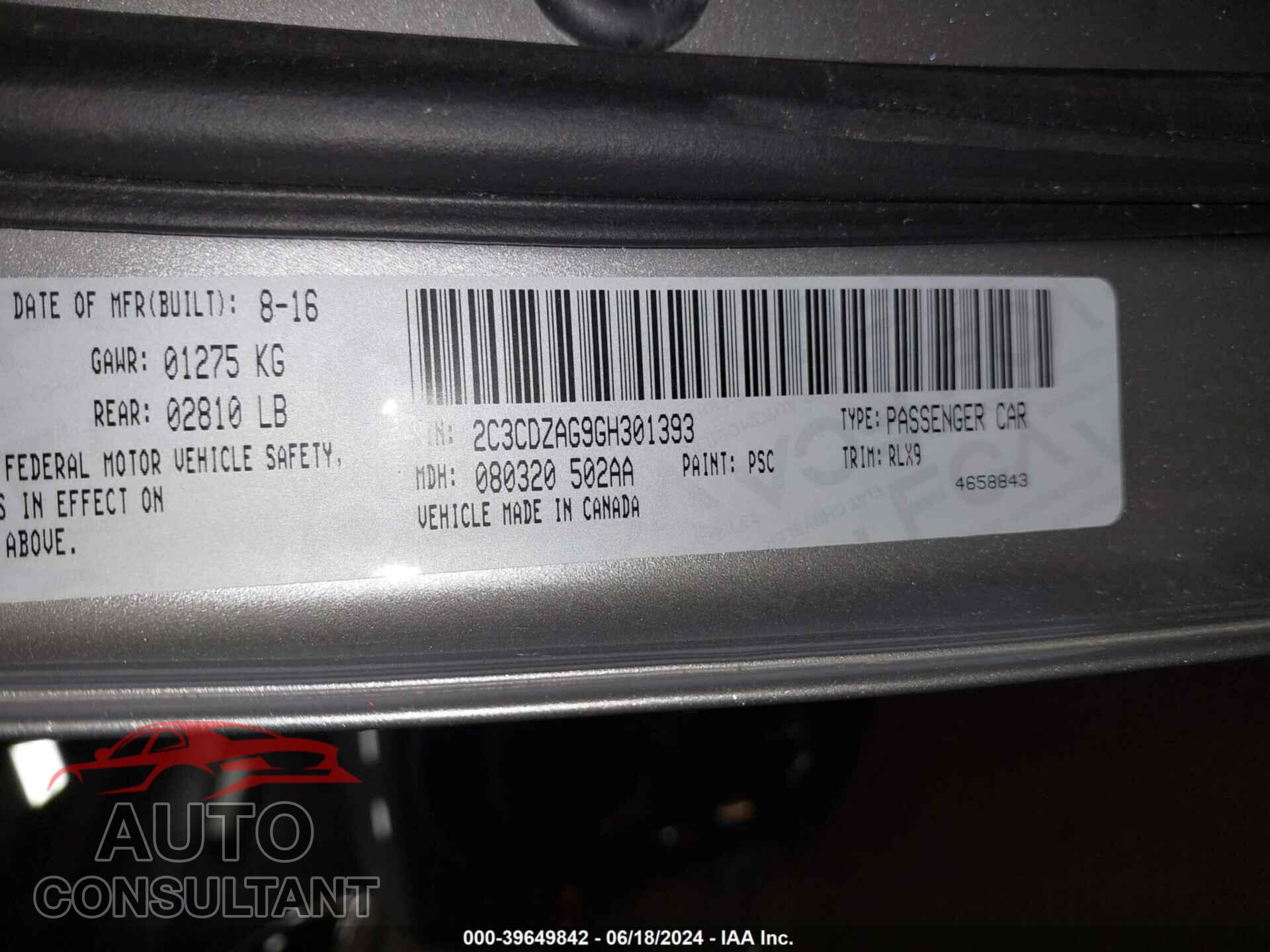 DODGE CHALLENGER 2016 - 2C3CDZAG9GH301393