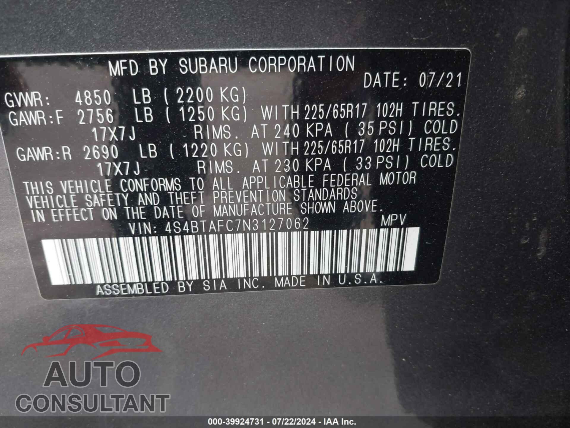SUBARU OUTBACK 2022 - 4S4BTAFC7N3127062