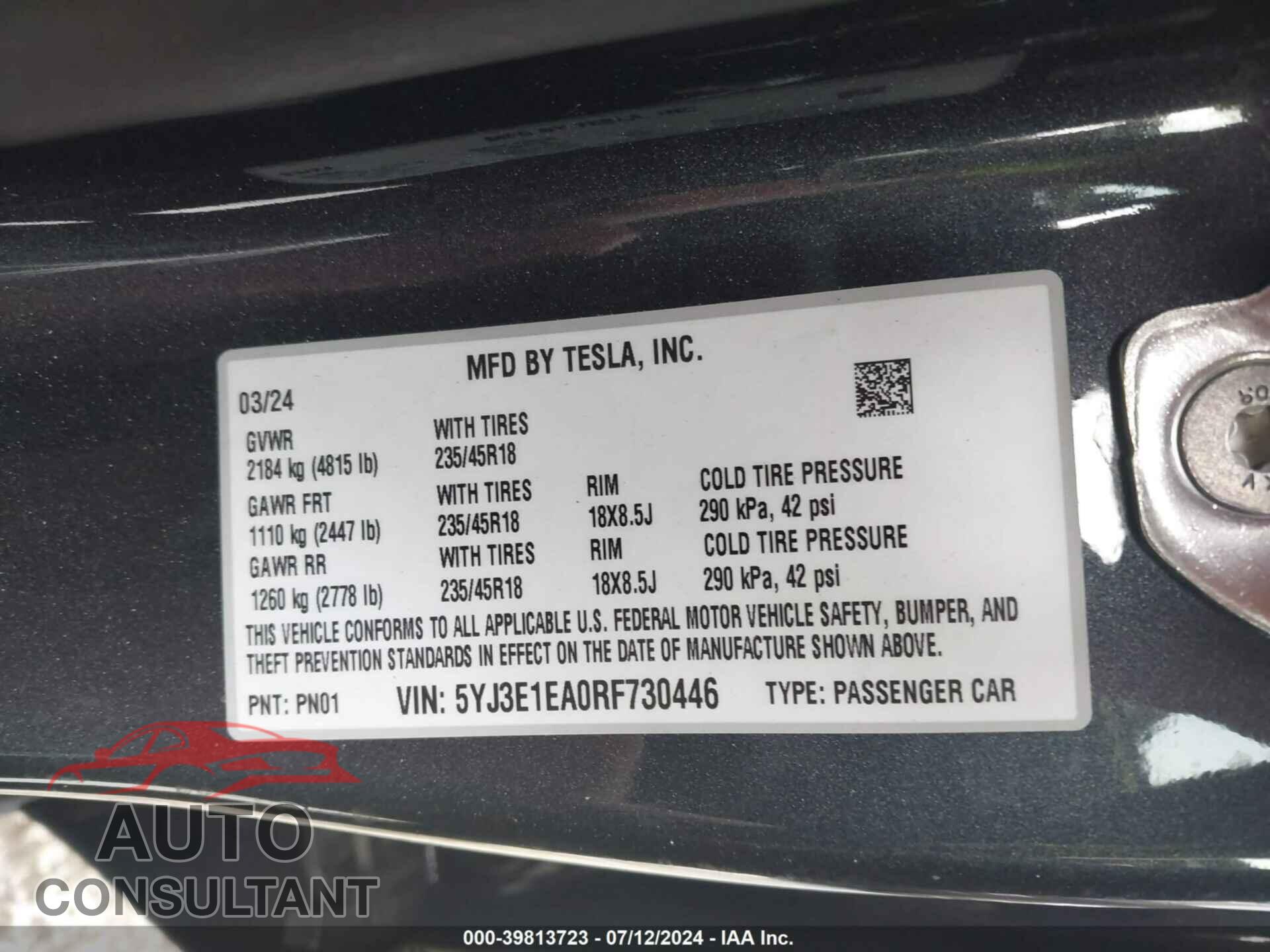 TESLA MODEL 3 2024 - 5YJ3E1EA0RF730446