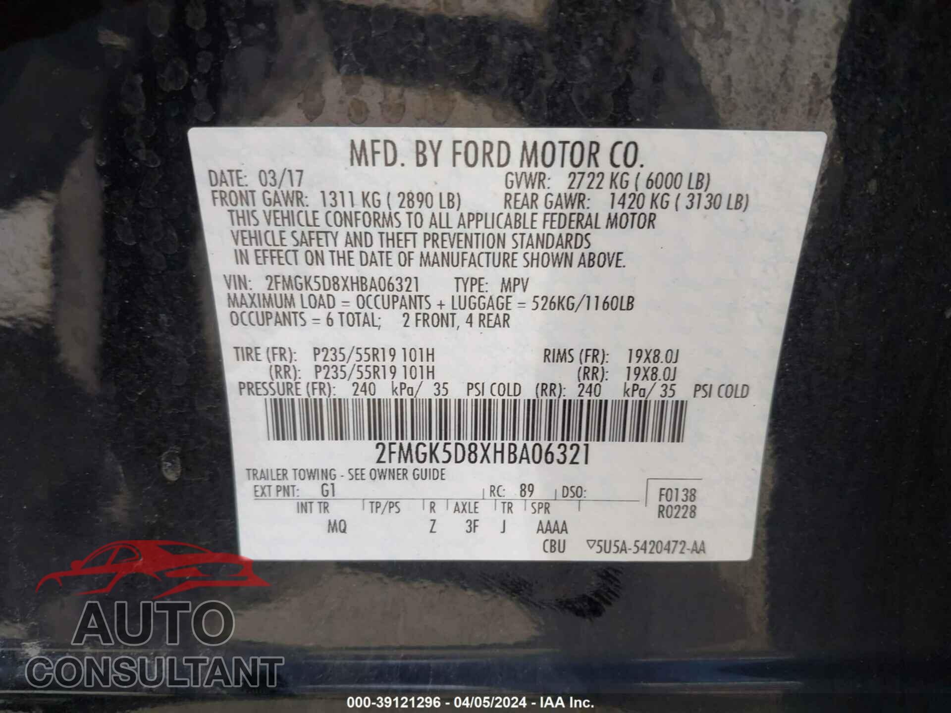 FORD FLEX 2017 - 2FMGK5D8XHBA06321