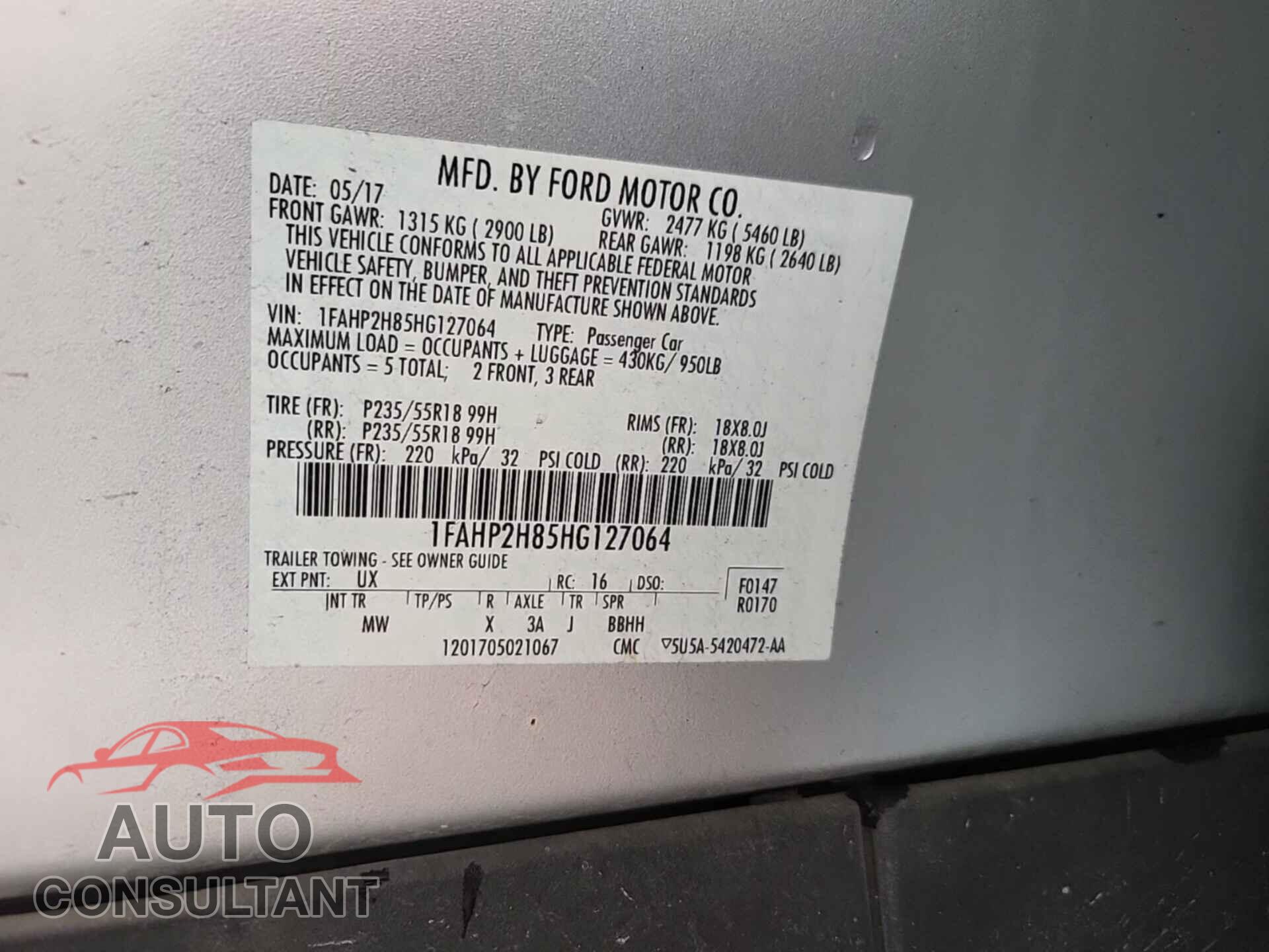 FORD TAURUS 2017 - 1FAHP2H85HG127064