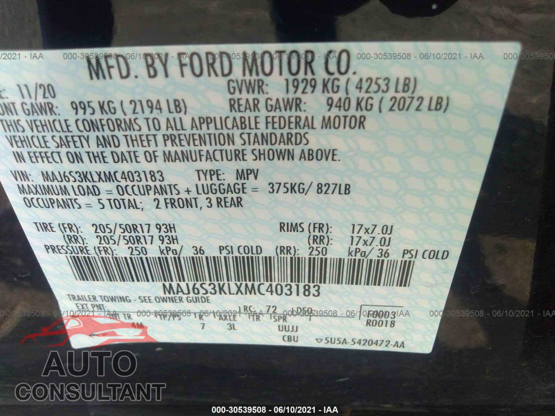 FORD ECOSPORT 2021 - MAJ6S3KLXMC403183