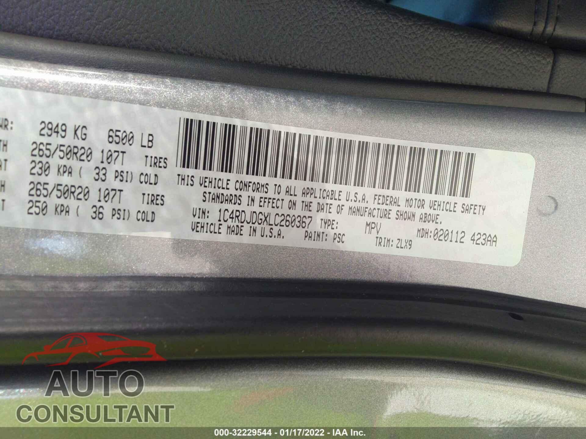DODGE DURANGO 2020 - 1C4RDJDGXLC260367