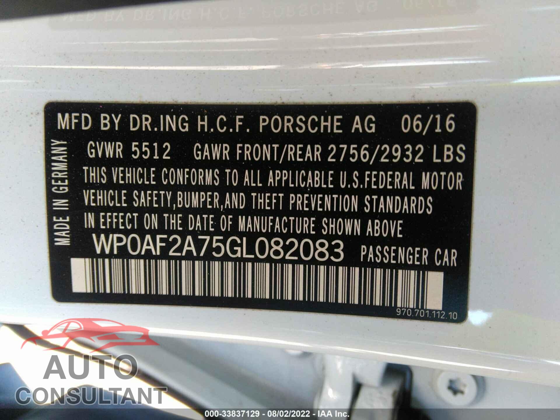 PORSCHE PANAMERA 2016 - WP0AF2A75GL082083