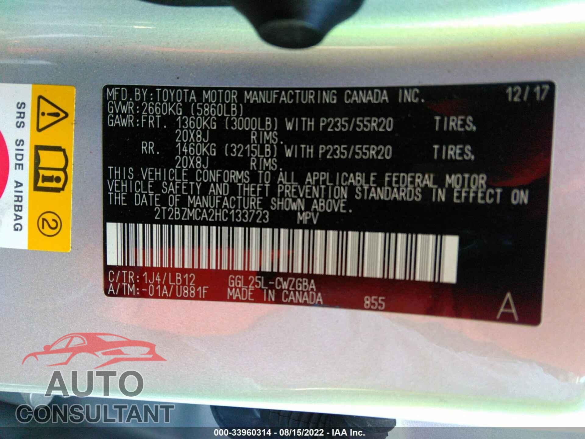 LEXUS RX 2017 - 2T2BZMCA2HC133723