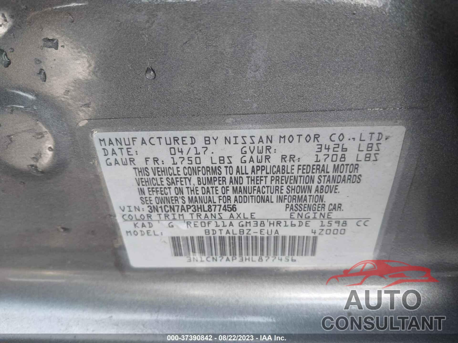 NISSAN VERSA 2017 - 3N1CN7AP3HL877456