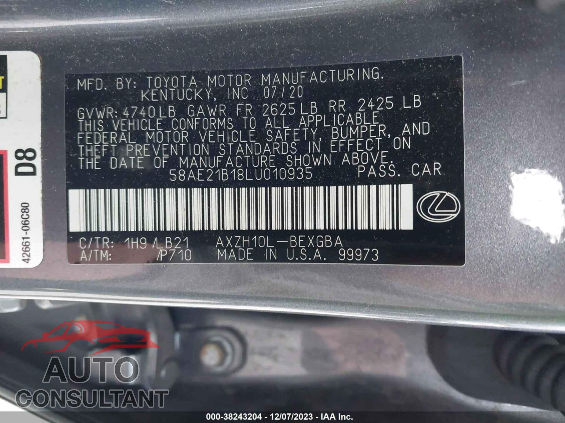 LEXUS ES 2020 - 58AE21B18LU010935