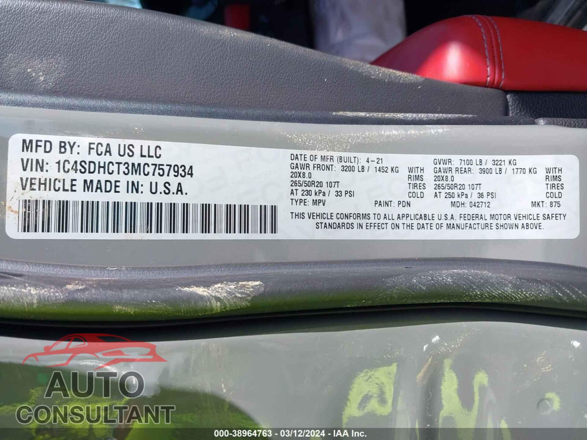 DODGE DURANGO 2021 - 1C4SDHCT3MC757934