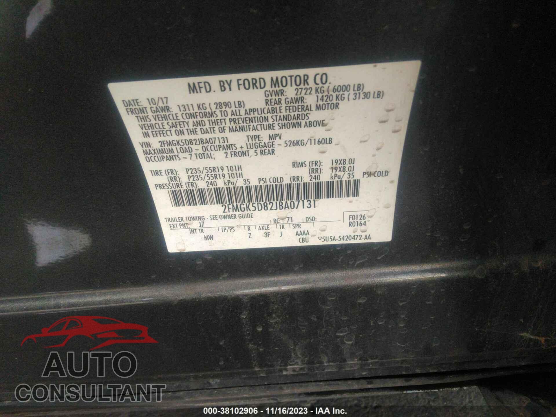 FORD FLEX 2018 - 2FMGK5D82JBA07131