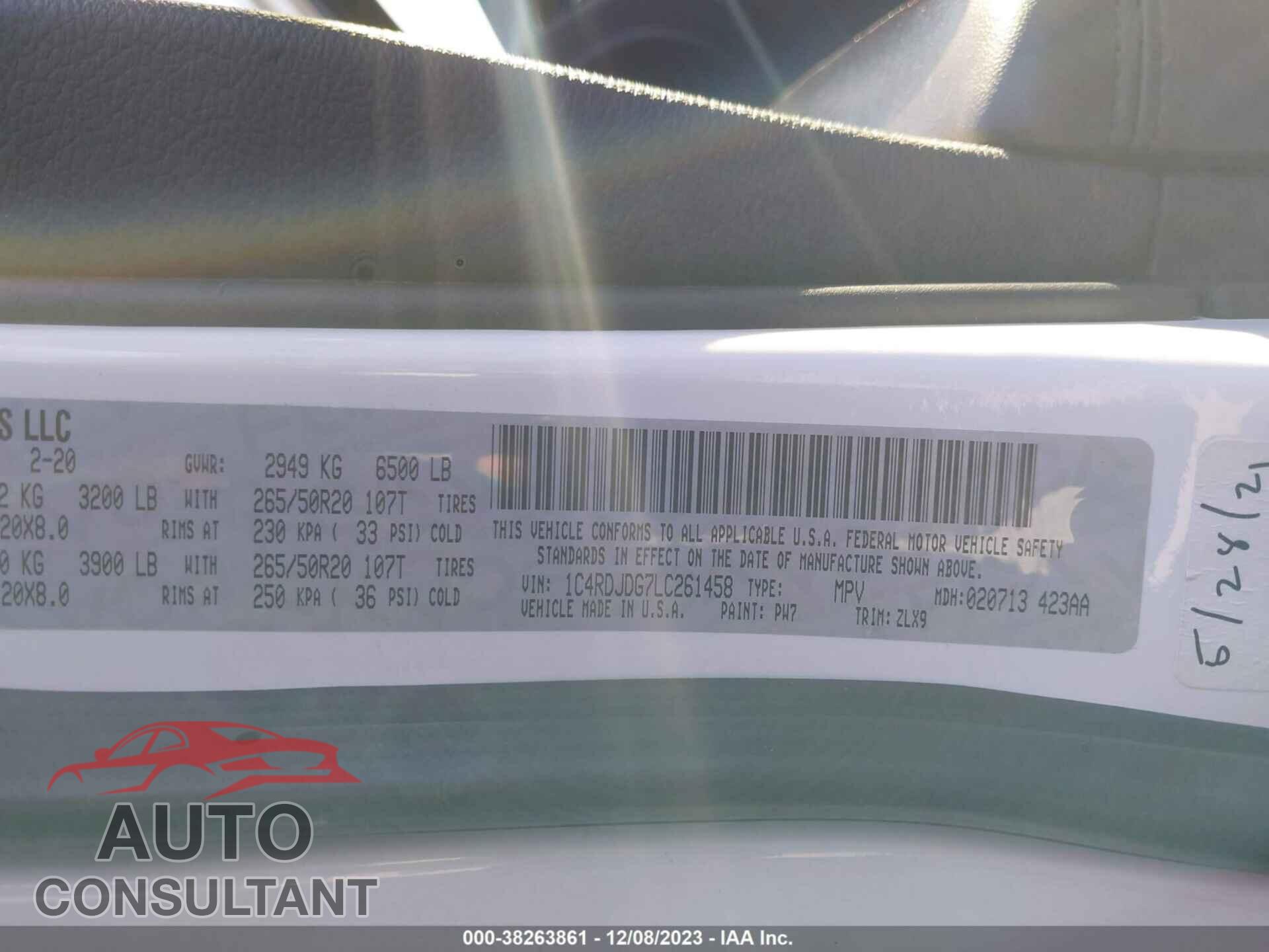 DODGE DURANGO 2020 - 1C4RDJDG7LC261458