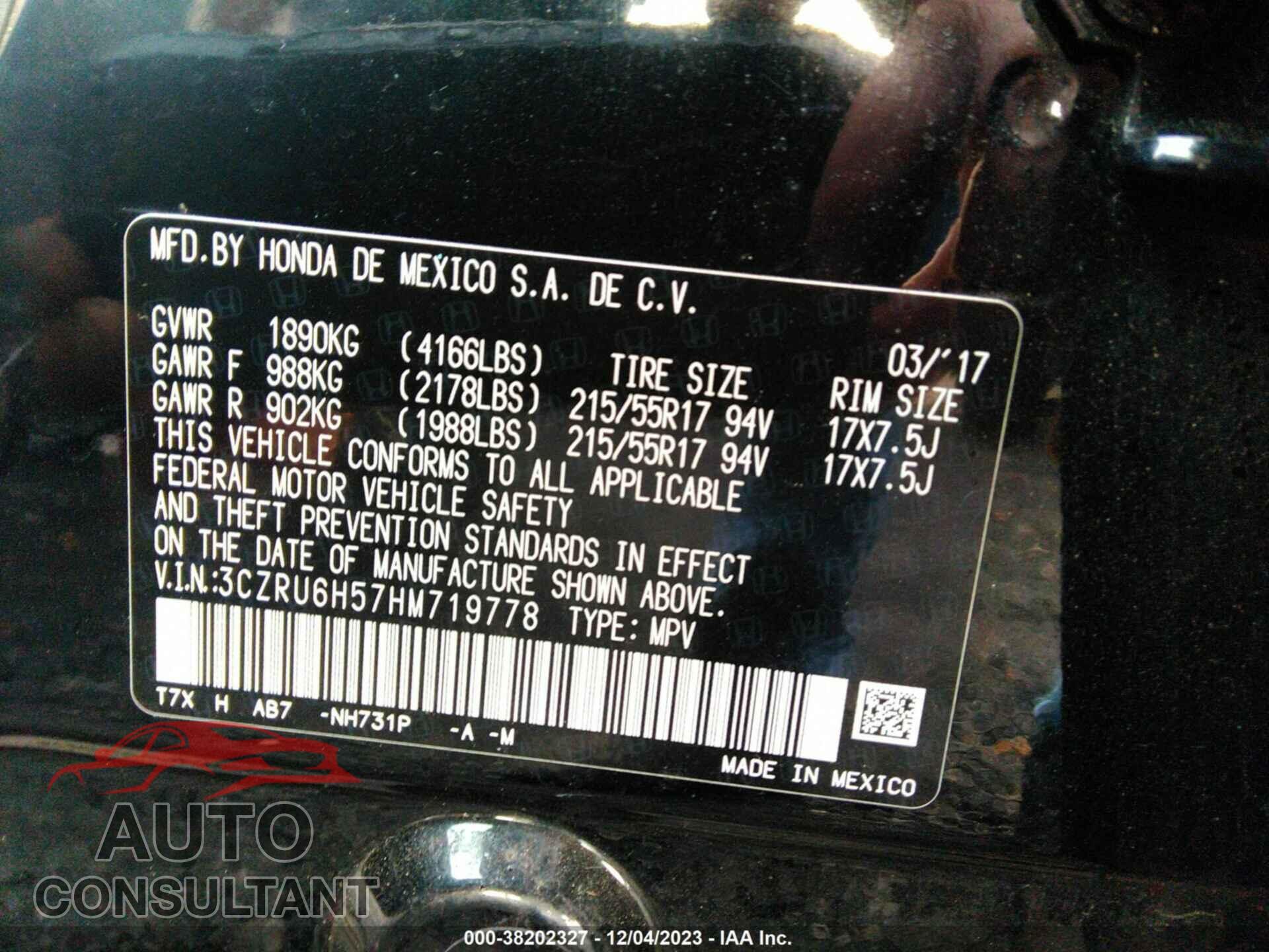 HONDA HR-V 2017 - 3CZRU6H57HM719778