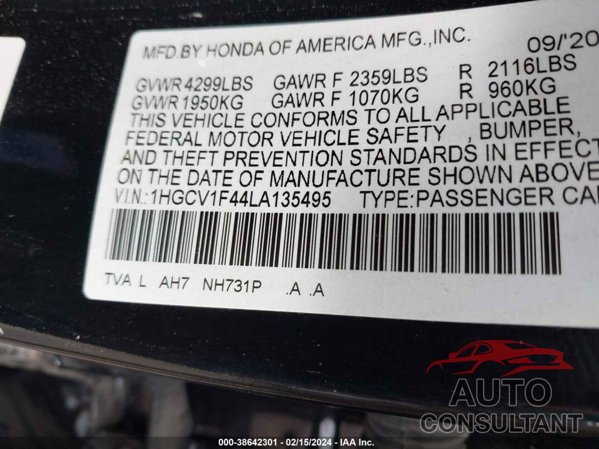 HONDA ACCORD 2020 - 1HGCV1F44LA135495