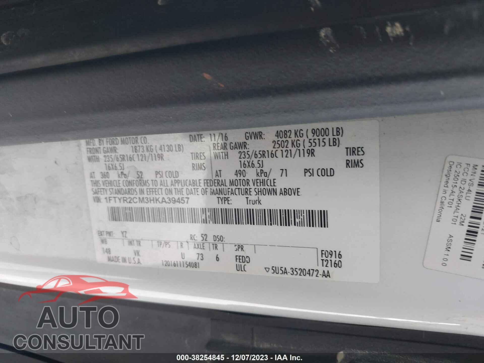 FORD TRANSIT-250 2017 - 1FTYR2CM3HKA39457