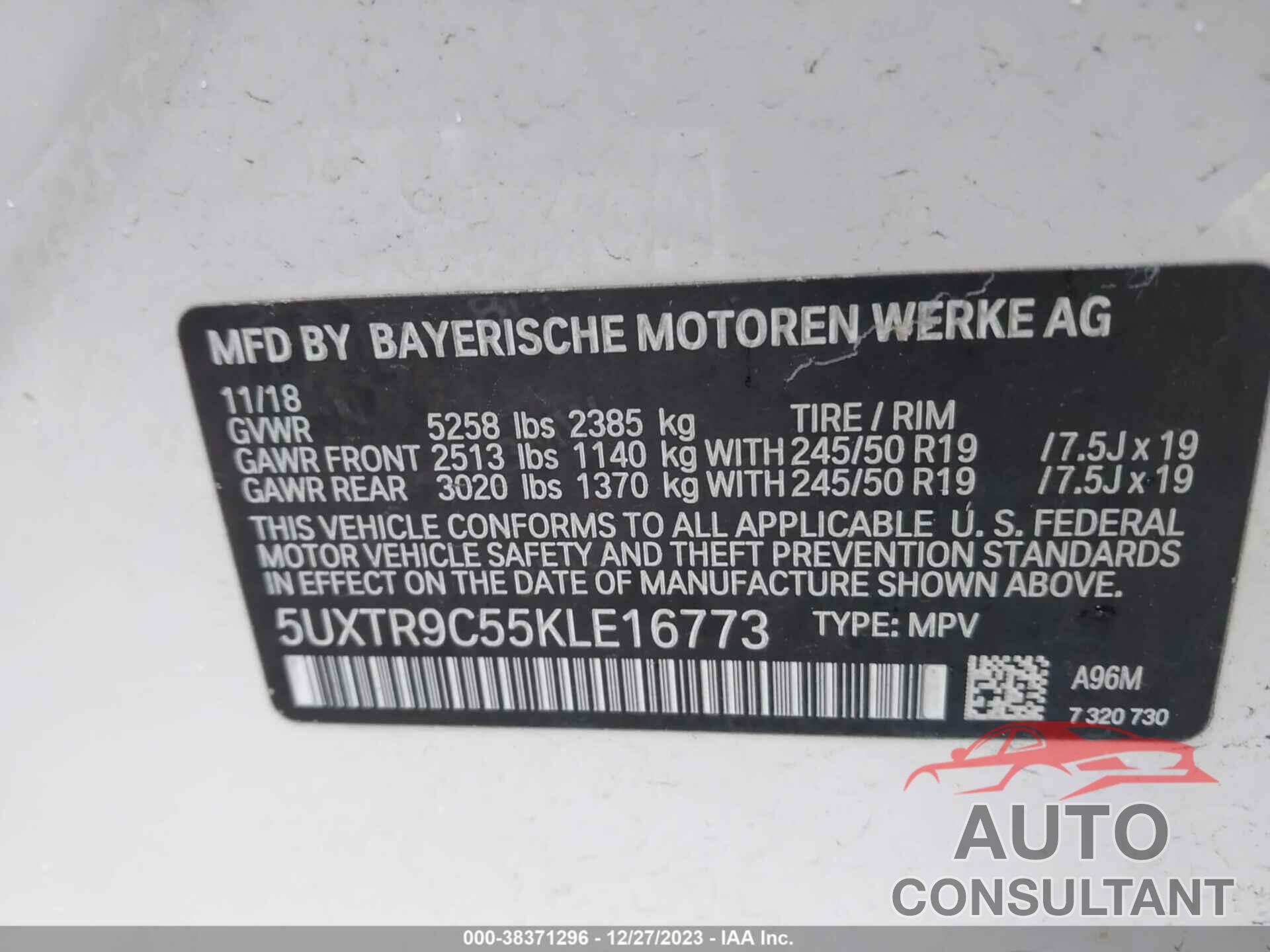 BMW X3 2019 - 5UXTR9C55KLE16773