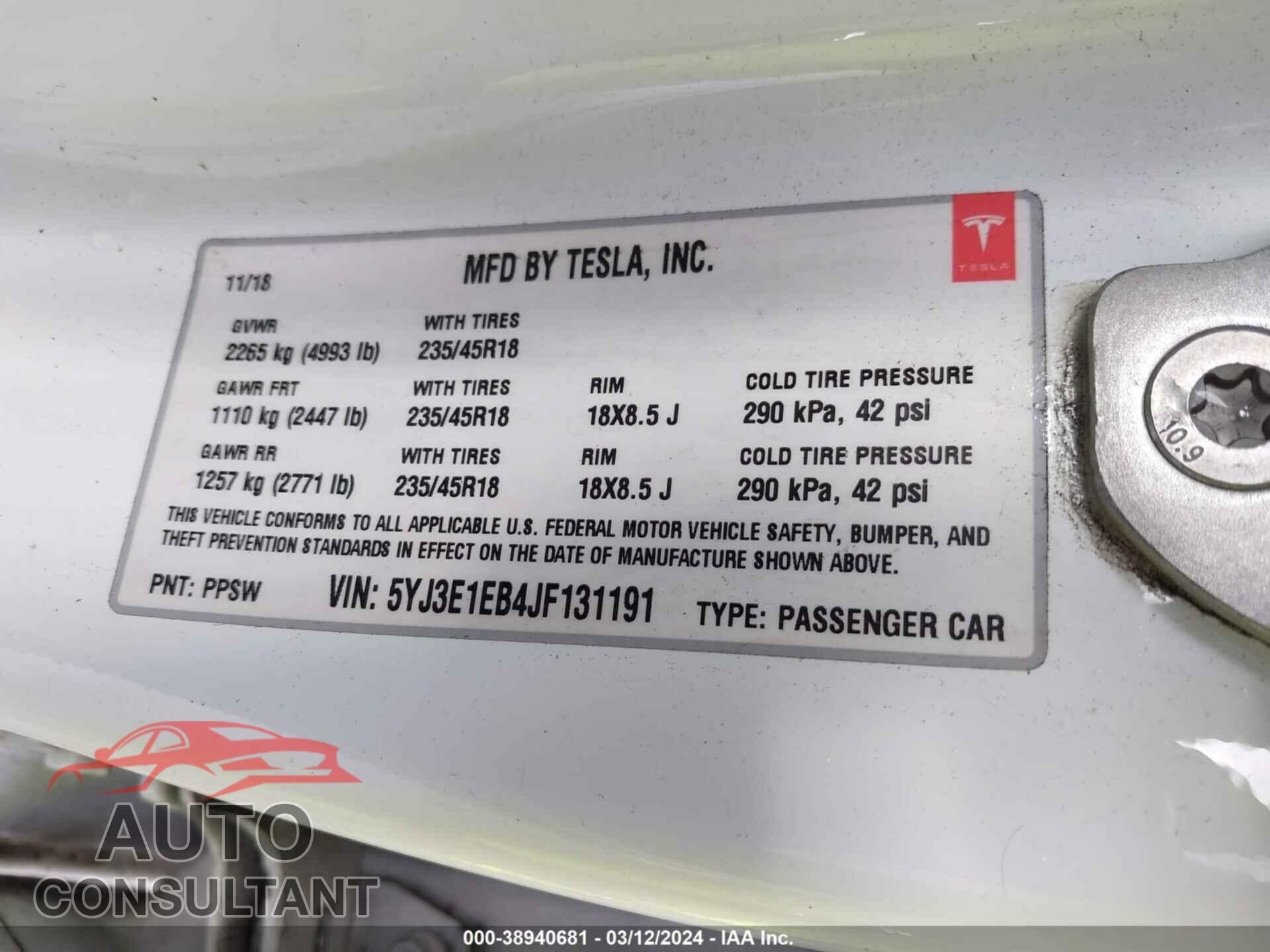 TESLA MODEL 3 2018 - 5YJ3E1EB4JF131191