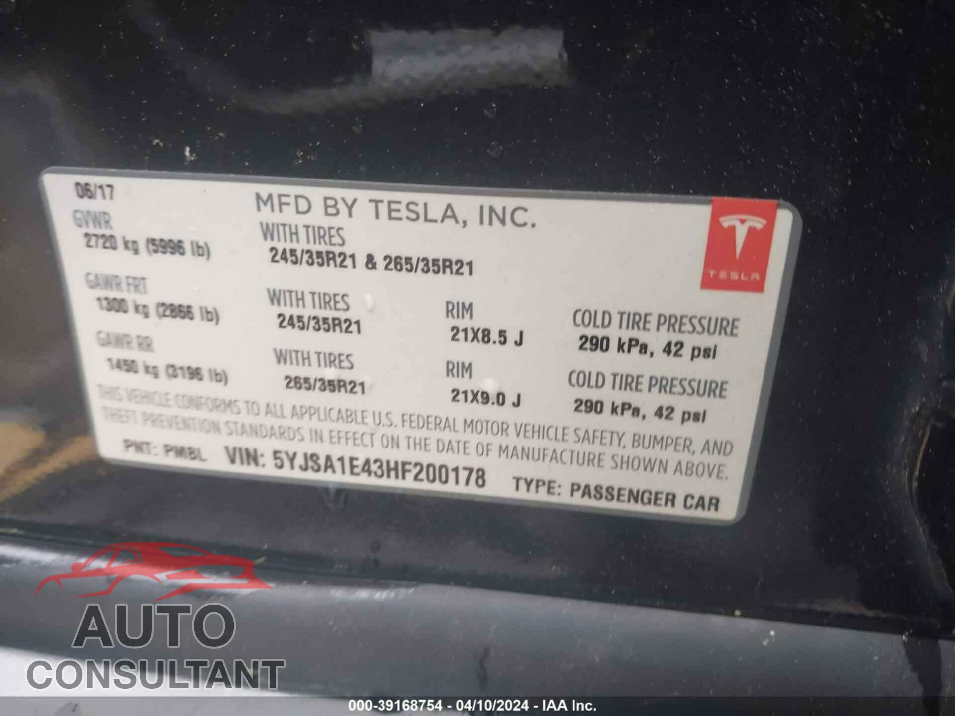TESLA MODEL S 2017 - 5YJSA1E43HF200178