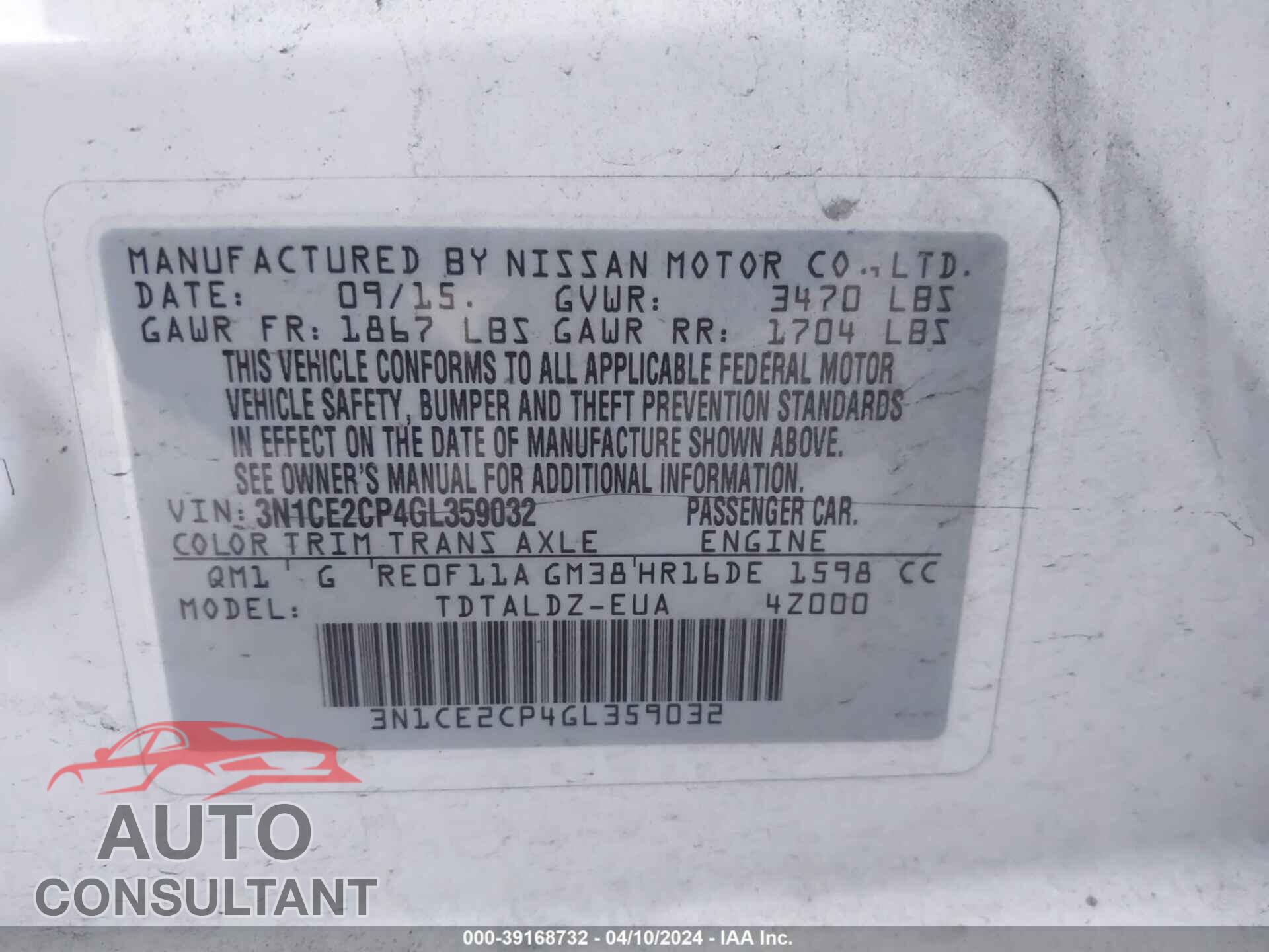 NISSAN VERSA NOTE 2016 - 3N1CE2CP4GL359032