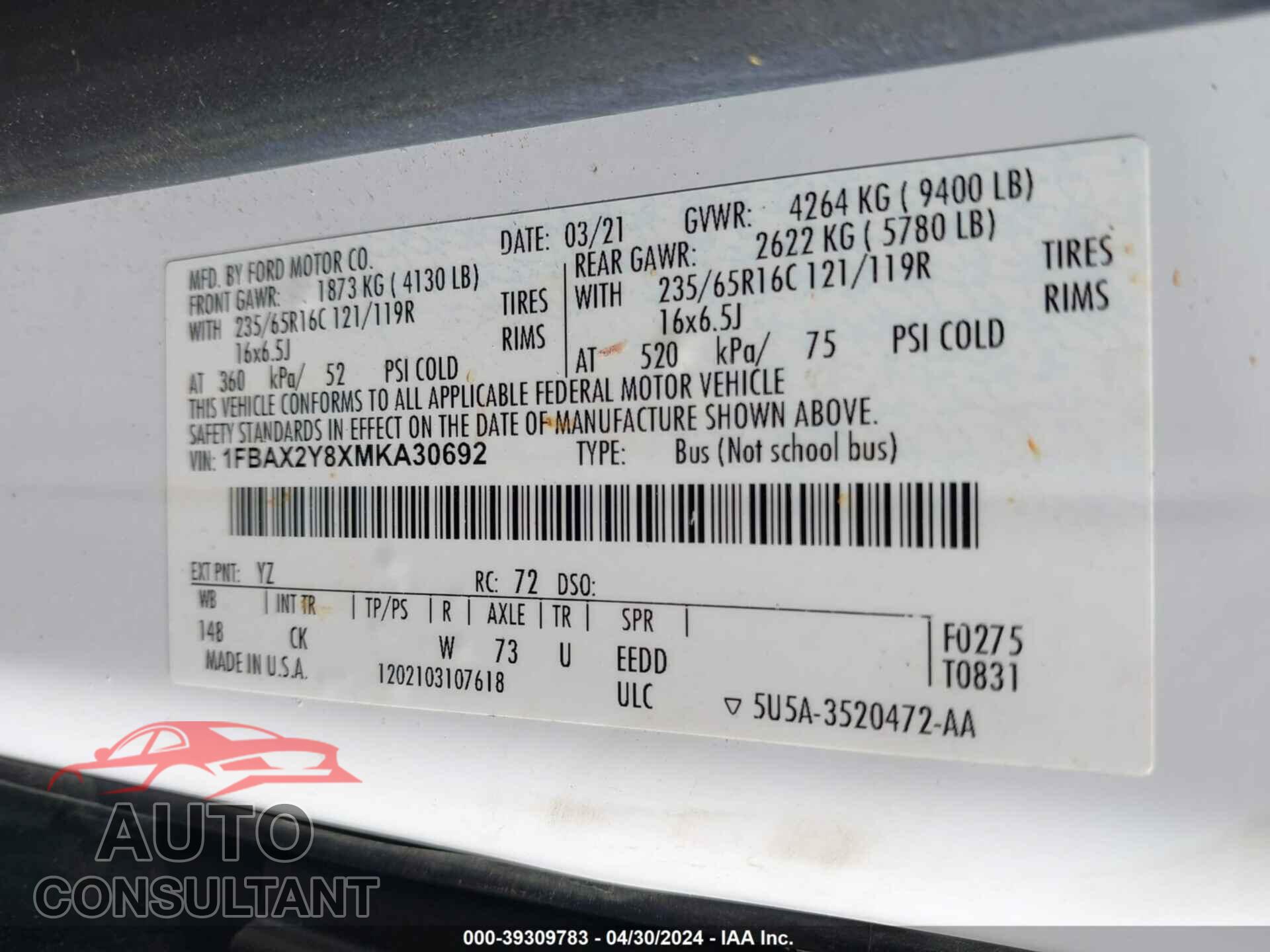FORD TRANSIT 2021 - 1FBAX2Y8XMKA30692