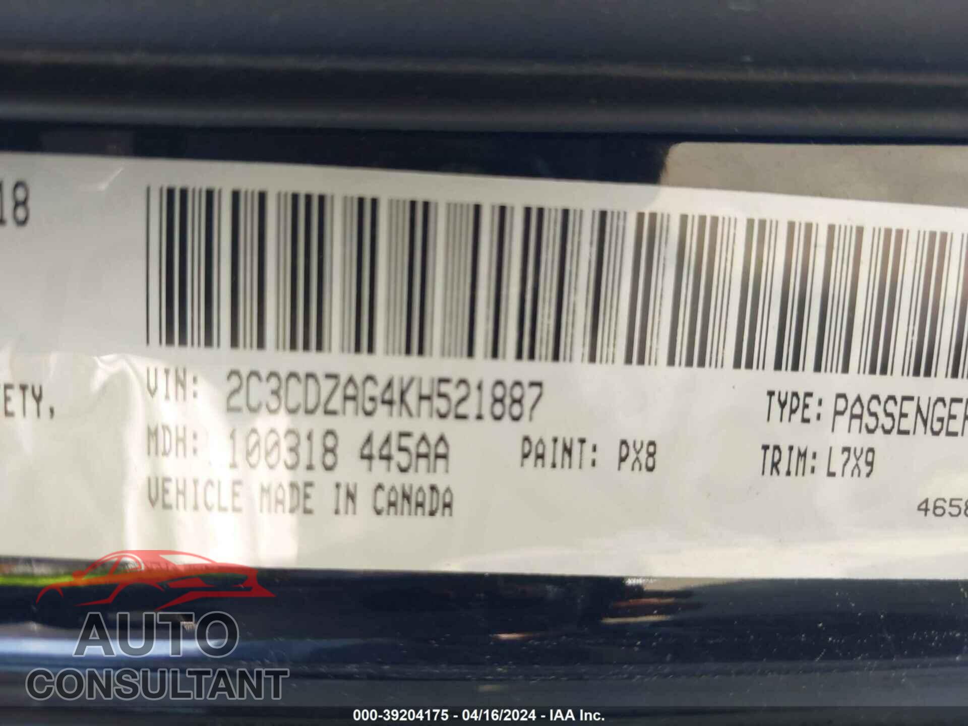 DODGE CHALLENGER 2019 - 2C3CDZAG4KH521887