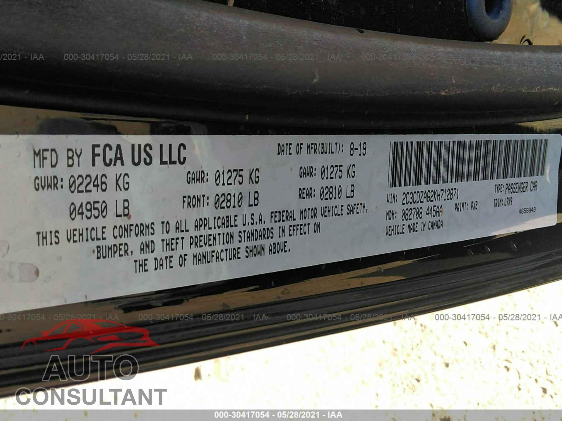 DODGE CHALLENGER 2019 - 2C3CDZAG2KH712871