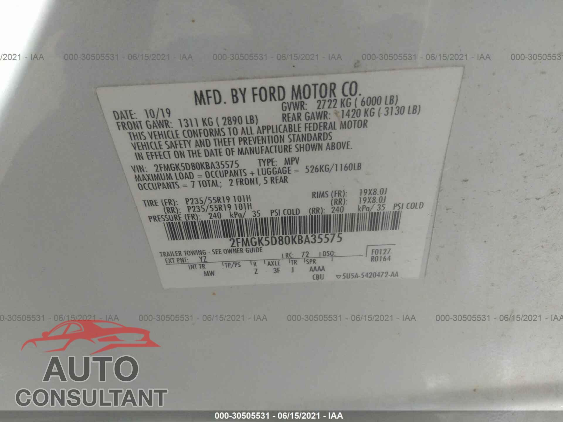 FORD FLEX 2019 - 2FMGK5D80KBA35575