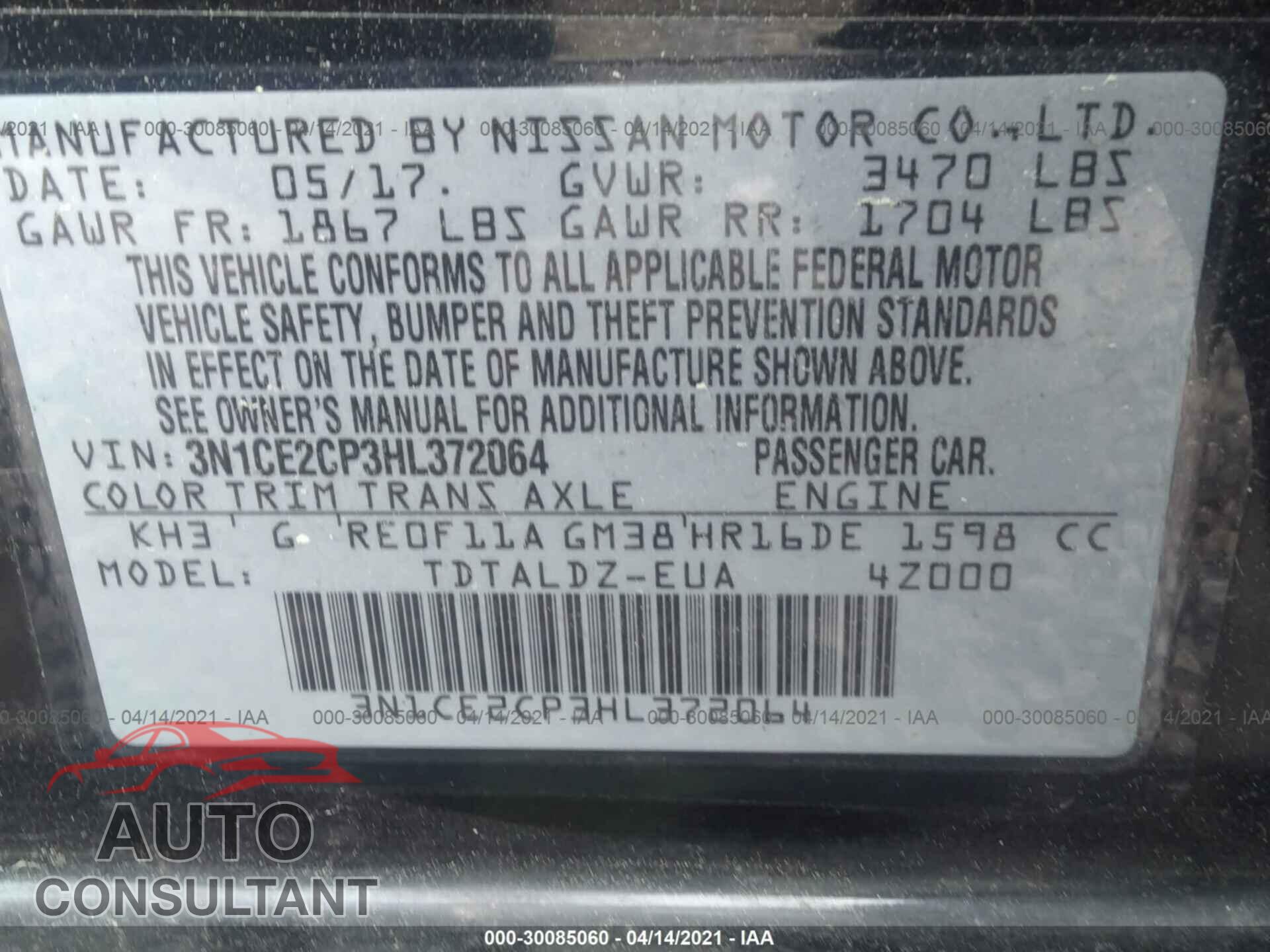 NISSAN VERSA NOTE 2017 - 3N1CE2CP3HL372064
