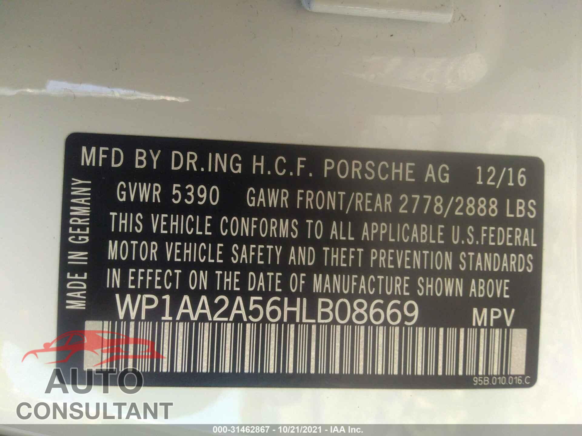PORSCHE MACAN 2017 - WP1AA2A56HLB08669
