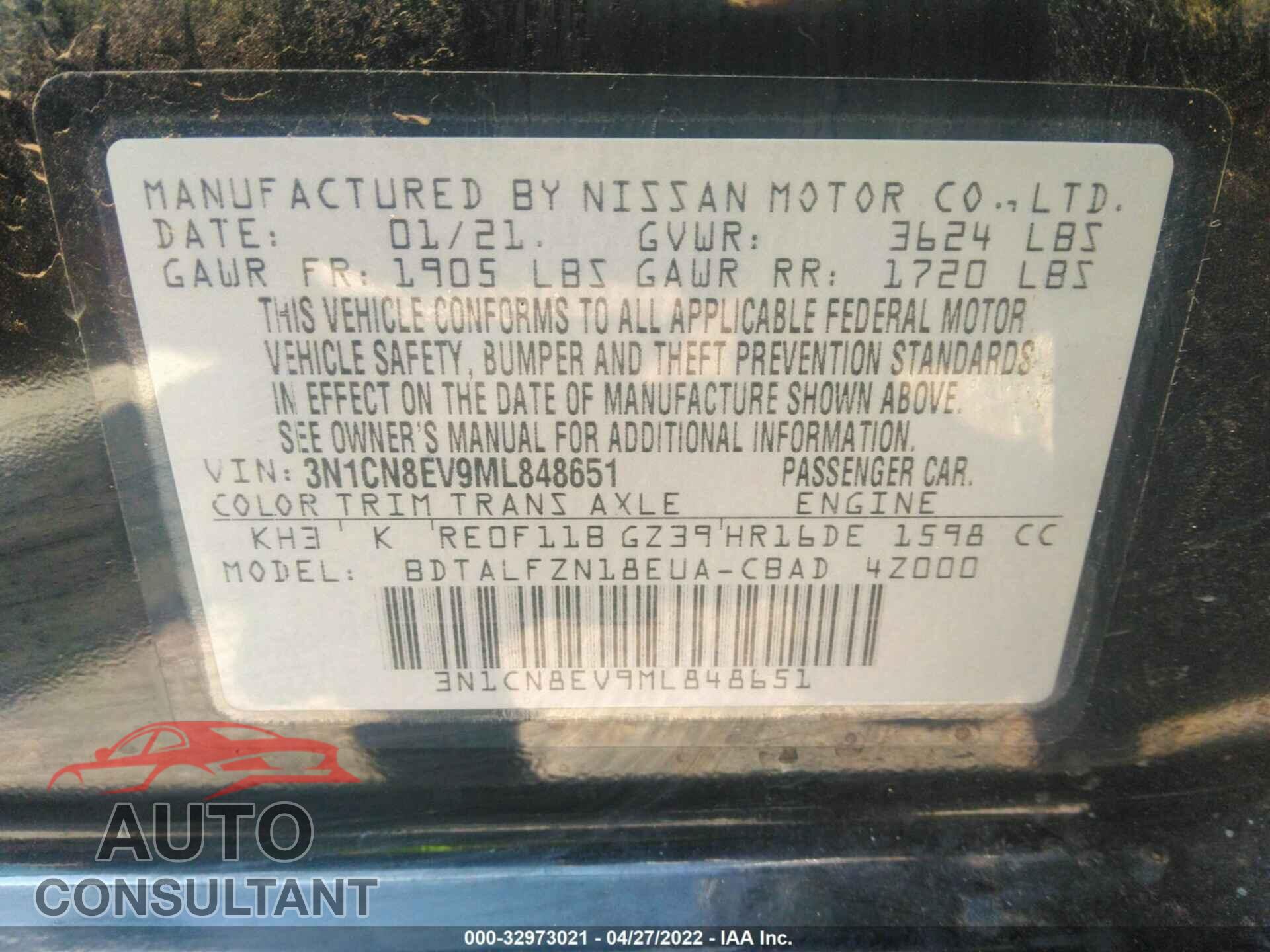 NISSAN VERSA 2021 - 3N1CN8EV9ML848651