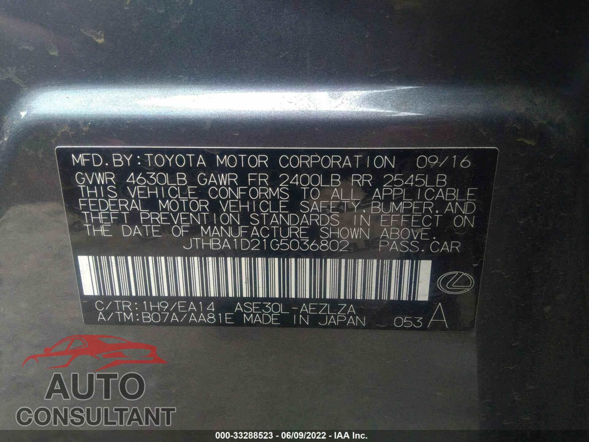 LEXUS IS 200T 2016 - JTHBA1D21G5036802
