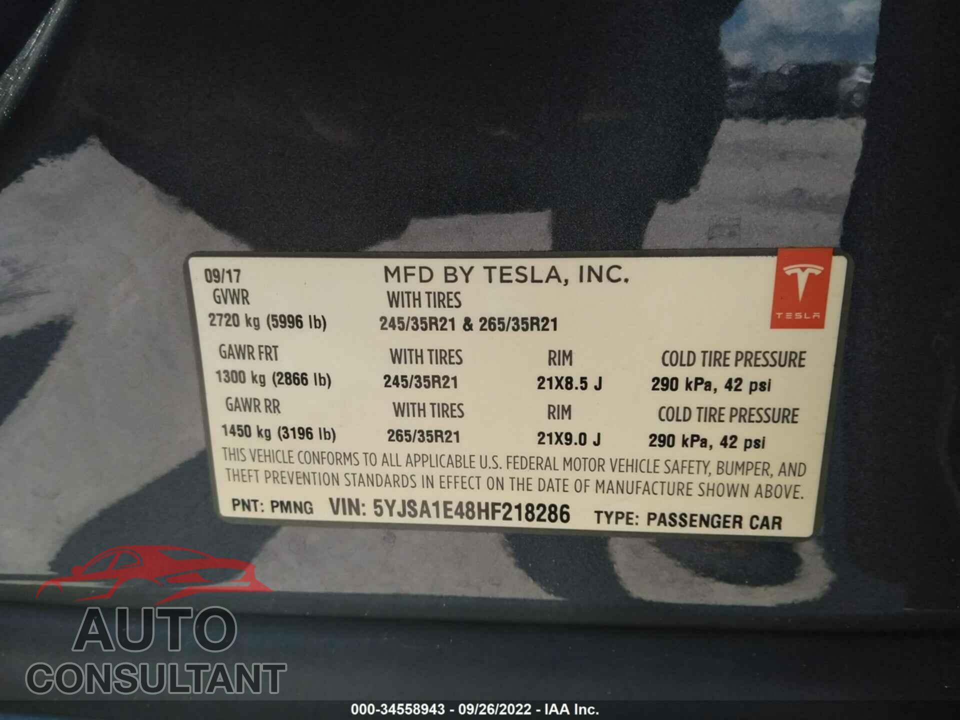 TESLA MODEL S 2017 - 5YJSA1E48HF218286